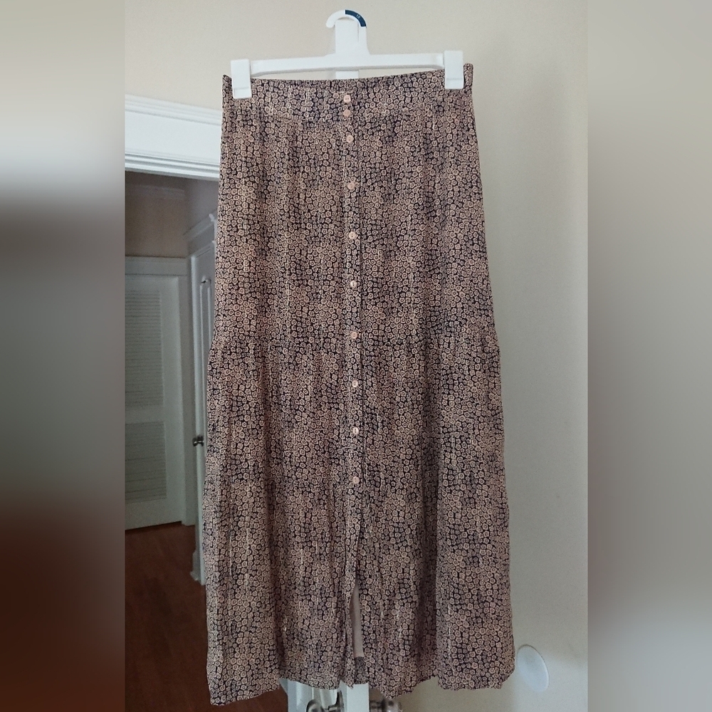 Maison 123 Button-Down Black Tan Ditsy Floral long Skirt size F 38/ US 8